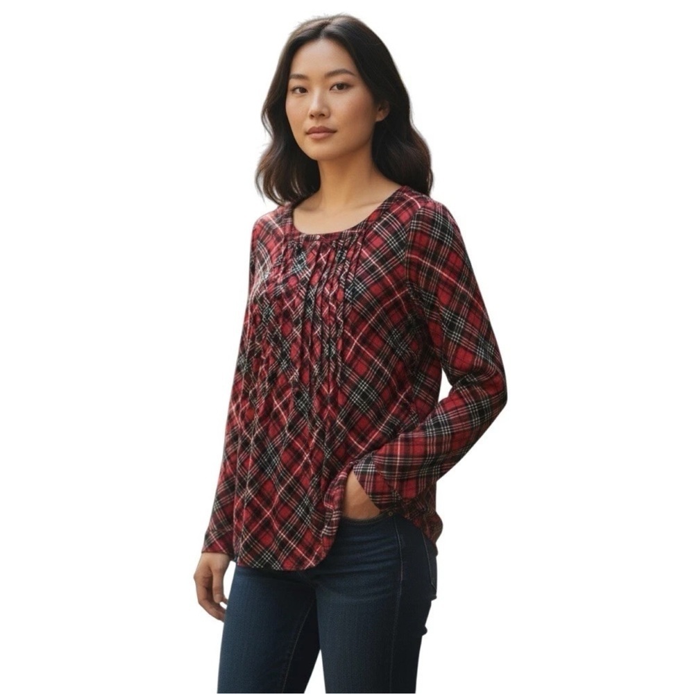 DANIEL RAINN L Light Washed Red Plaid Pleated Bib Front Flowy Blouse R $58